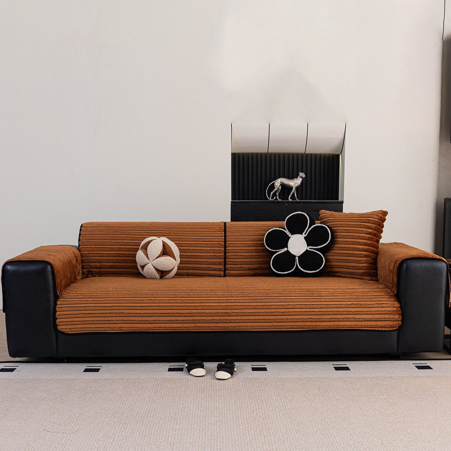 Plush Striped Couch Seat and Backrest Cover, Non-Slip Individual Sofa Protector