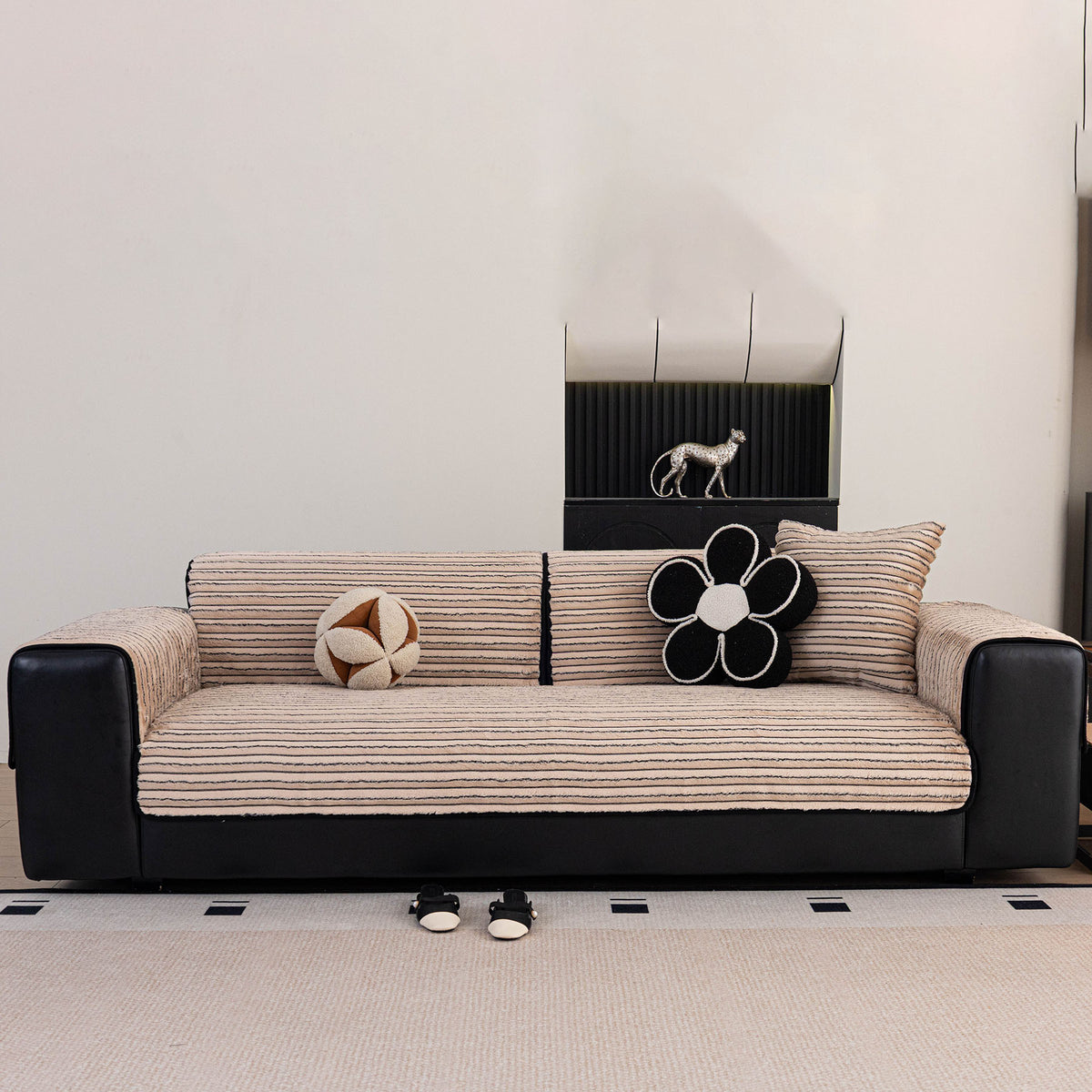 Plush Striped Couch Seat and Backrest Cover, Non-Slip Individual Sofa Protector