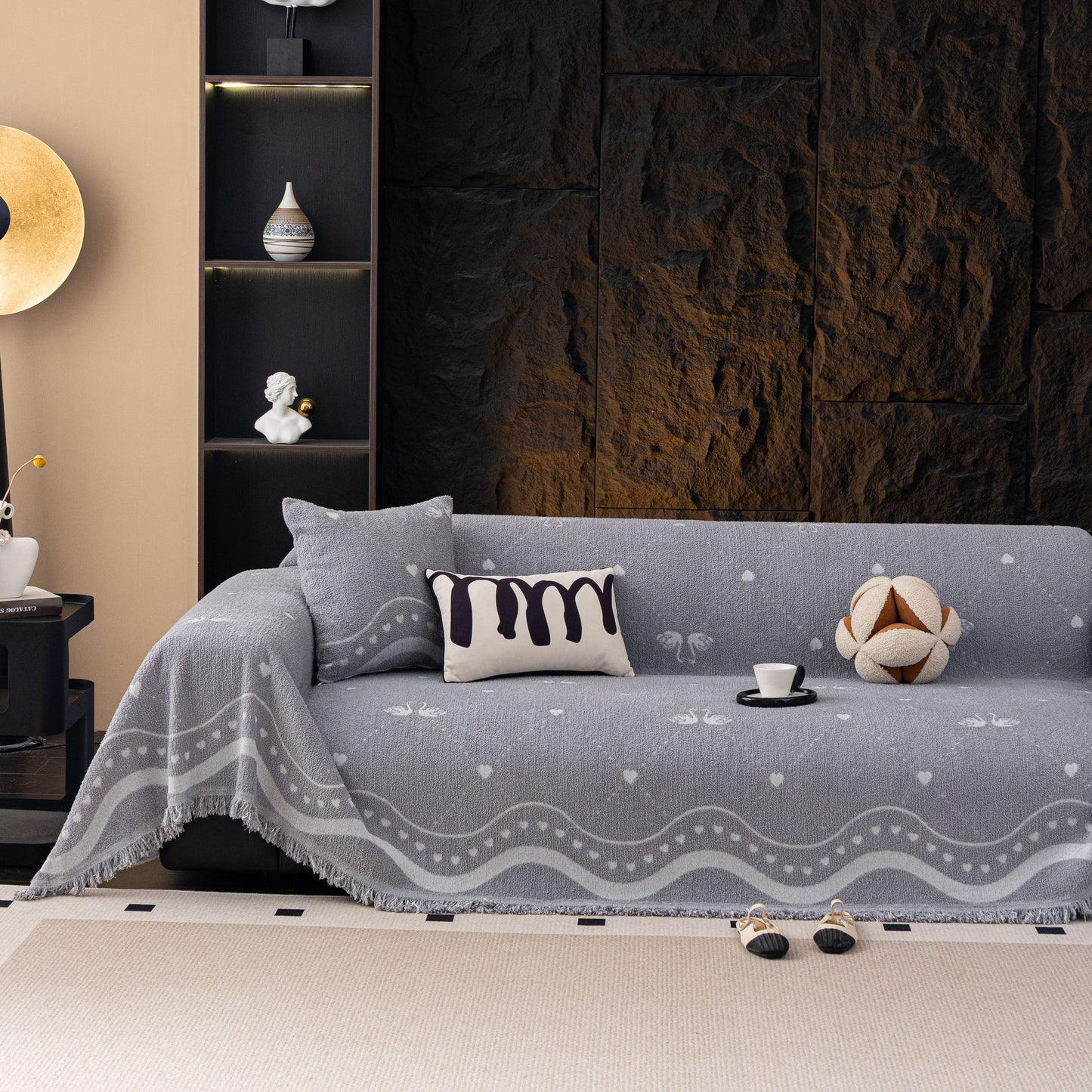 Luxurious Jacquard Couch Cover, Snag-Resistant Pet Friendly Couch Throw with Fringe