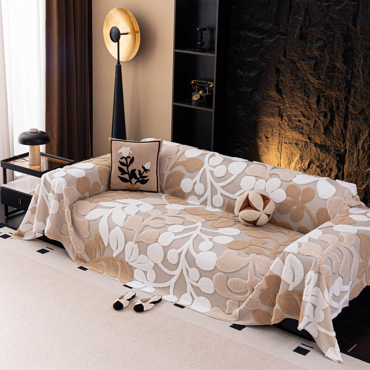 Vintage Boho Floral Sofa Throw Cover, 3D Soft Tufted Plush Couch Protector Futon Cover
