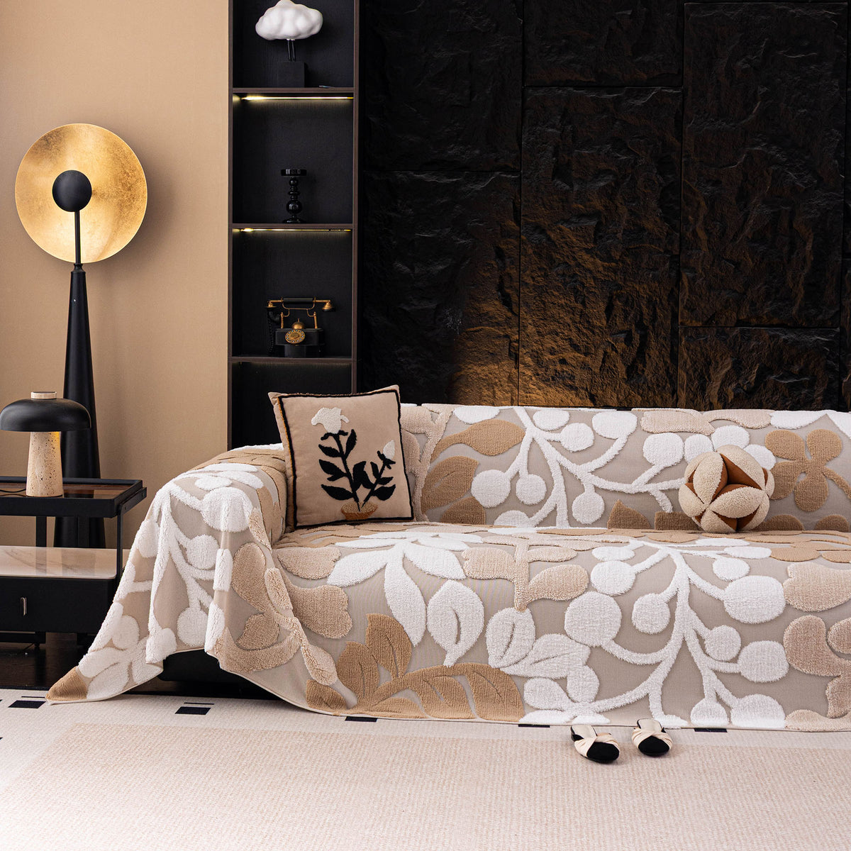 Vintage Boho Floral Sofa Throw Cover, 3D Soft Tufted Plush Couch Protector Futon Cover