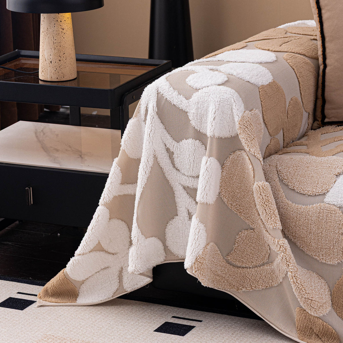 Vintage Boho Floral Sofa Throw Cover, 3D Soft Tufted Plush Couch Protector Futon Cover