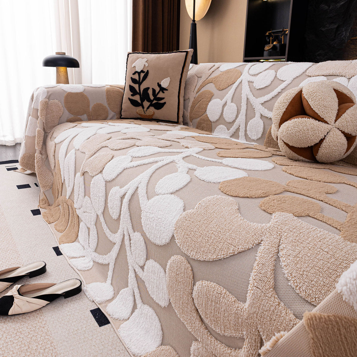 Vintage Boho Floral Sofa Throw Cover, 3D Soft Tufted Plush Couch Protector Futon Cover