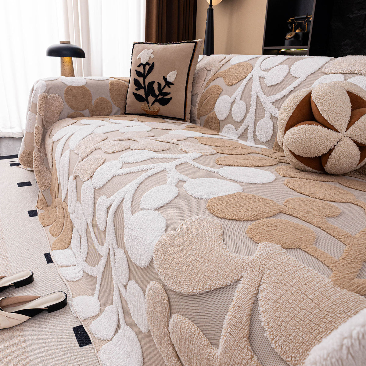 Vintage Boho Floral Sofa Throw Cover, 3D Soft Tufted Plush Couch Protector Futon Cover