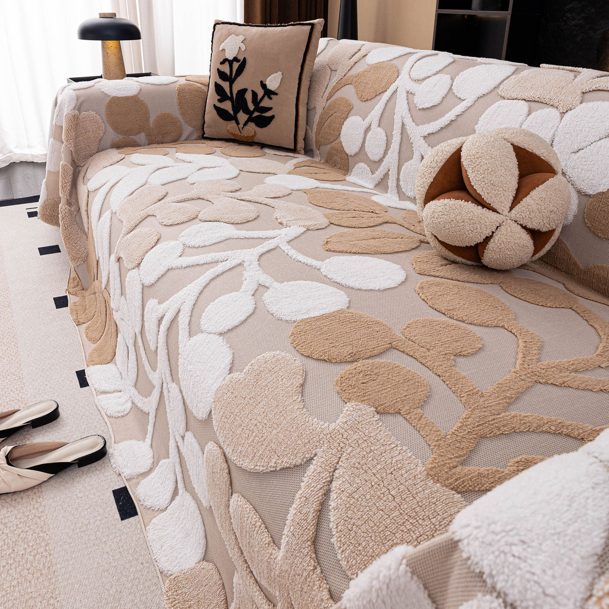 Vintage Boho Floral Sofa Throw Cover, 3D Soft Tufted Plush Couch Protector Futon Cover