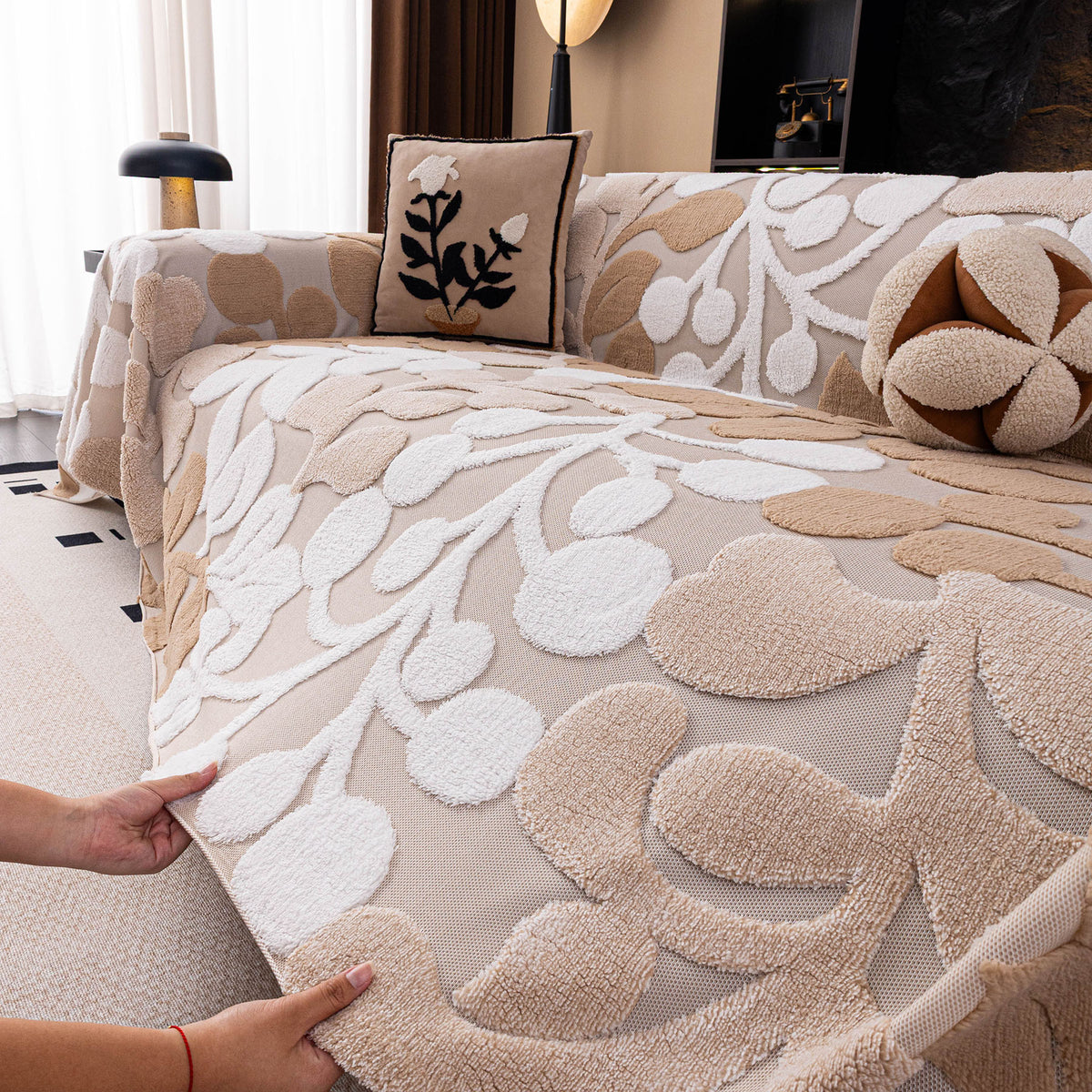 Vintage Boho Floral Sofa Throw Cover, 3D Soft Tufted Plush Couch Protector Futon Cover