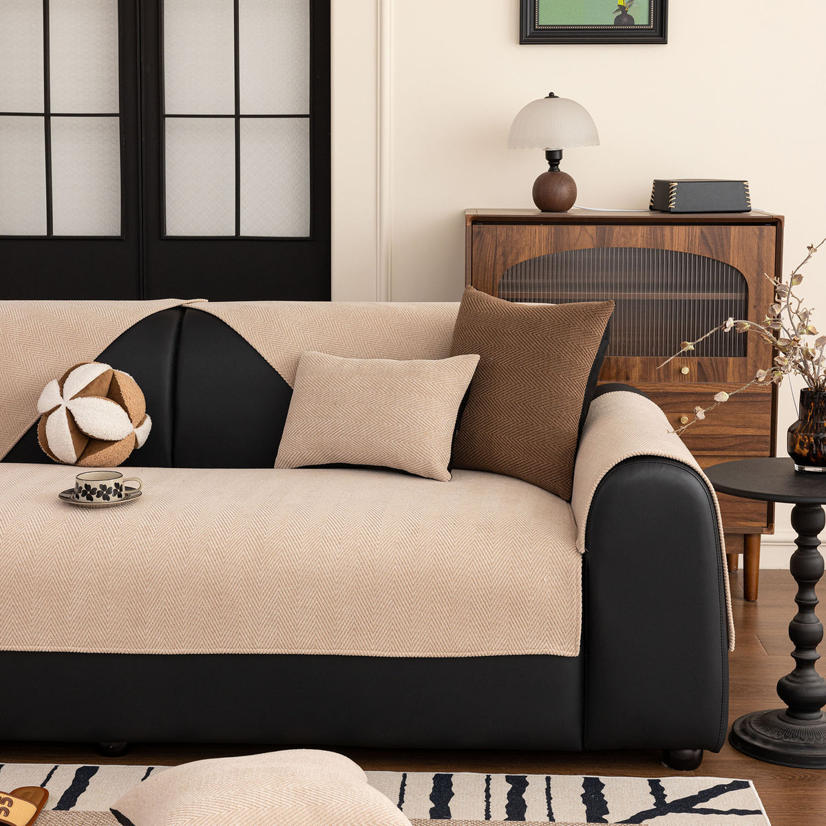 Chenille Textured Herringbone Sofa Cover, Non-Slip Couch Protector for Pets & Kids