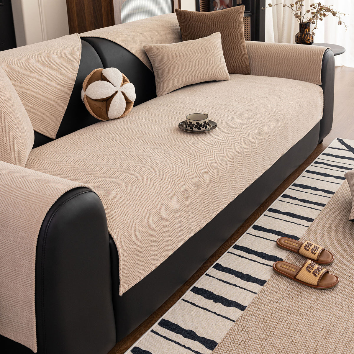 Chenille Textured Herringbone Sofa Cover, Non-Slip Couch Protector for Pets & Kids