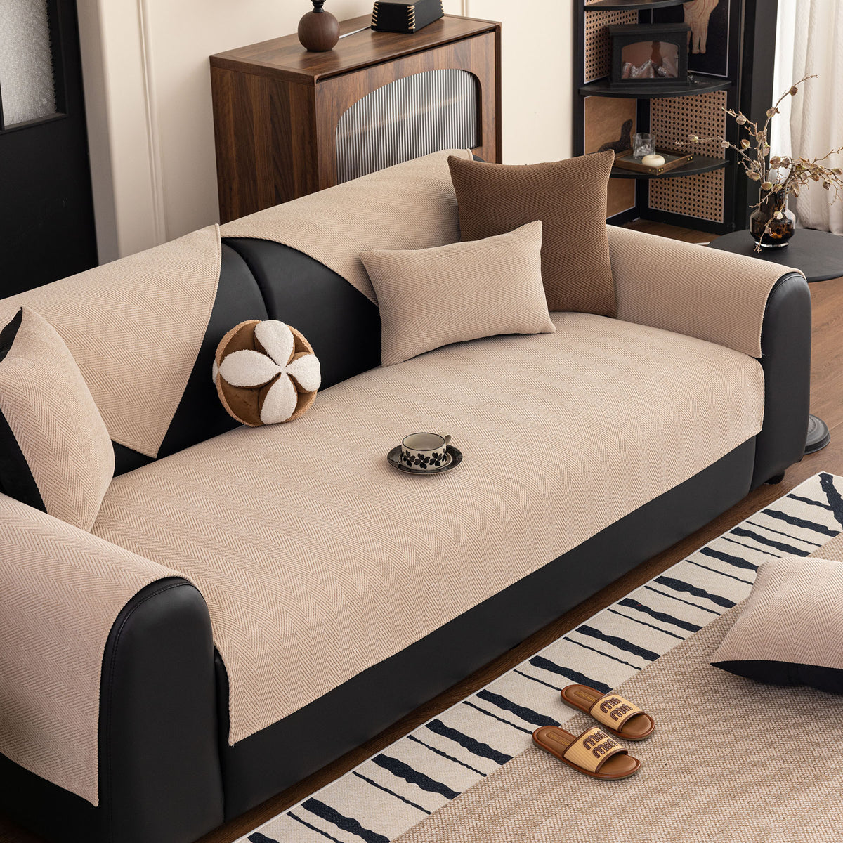 Chenille Textured Herringbone Sofa Cover, Non-Slip Couch Protector for Pets & Kids