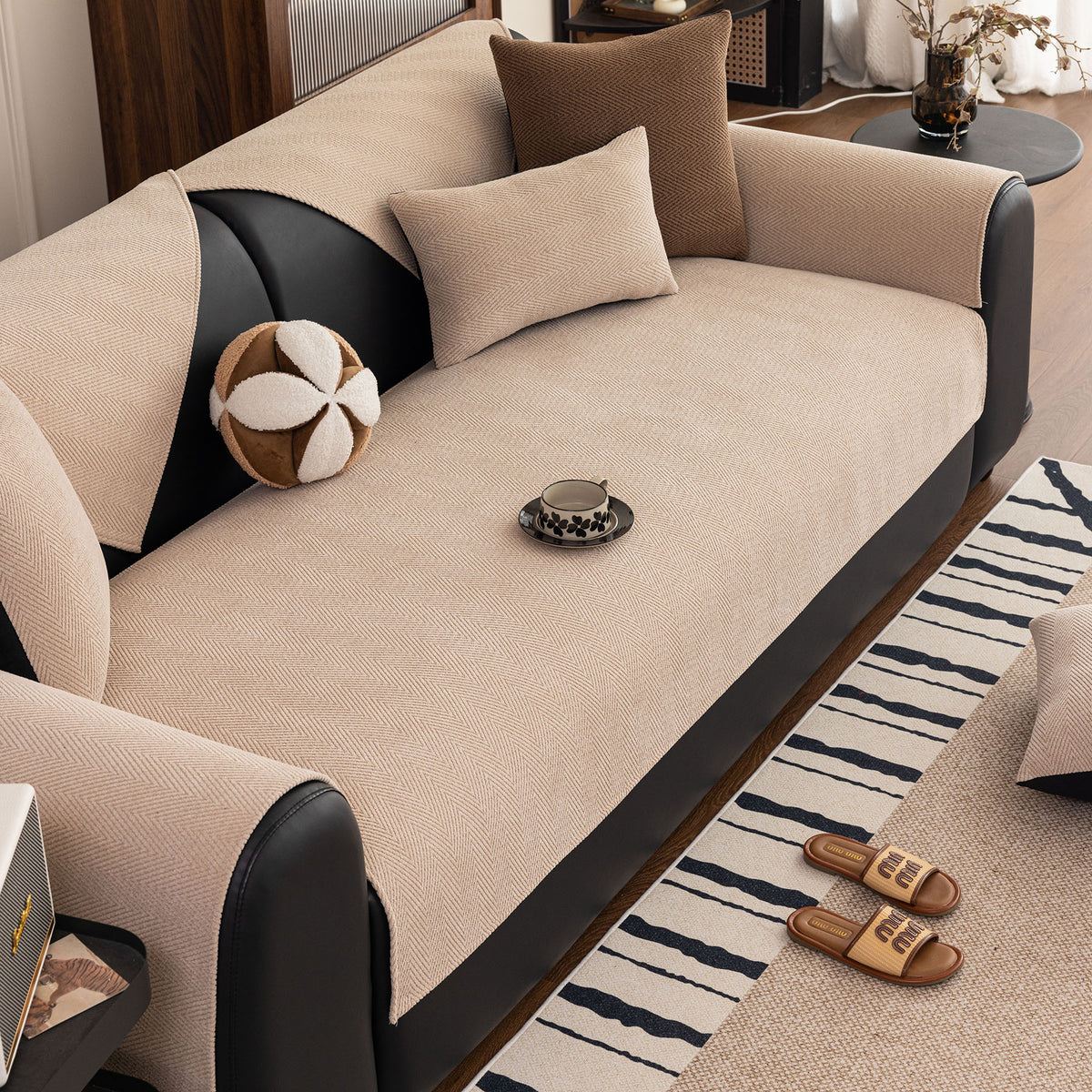 Chenille Textured Herringbone Sofa Cover, Non-Slip Couch Protector for Pets & Kids