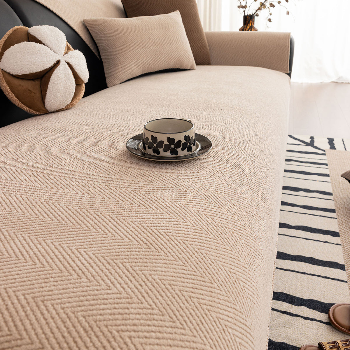 Chenille Textured Herringbone Sofa Cover, Non-Slip Couch Protector for Pets & Kids