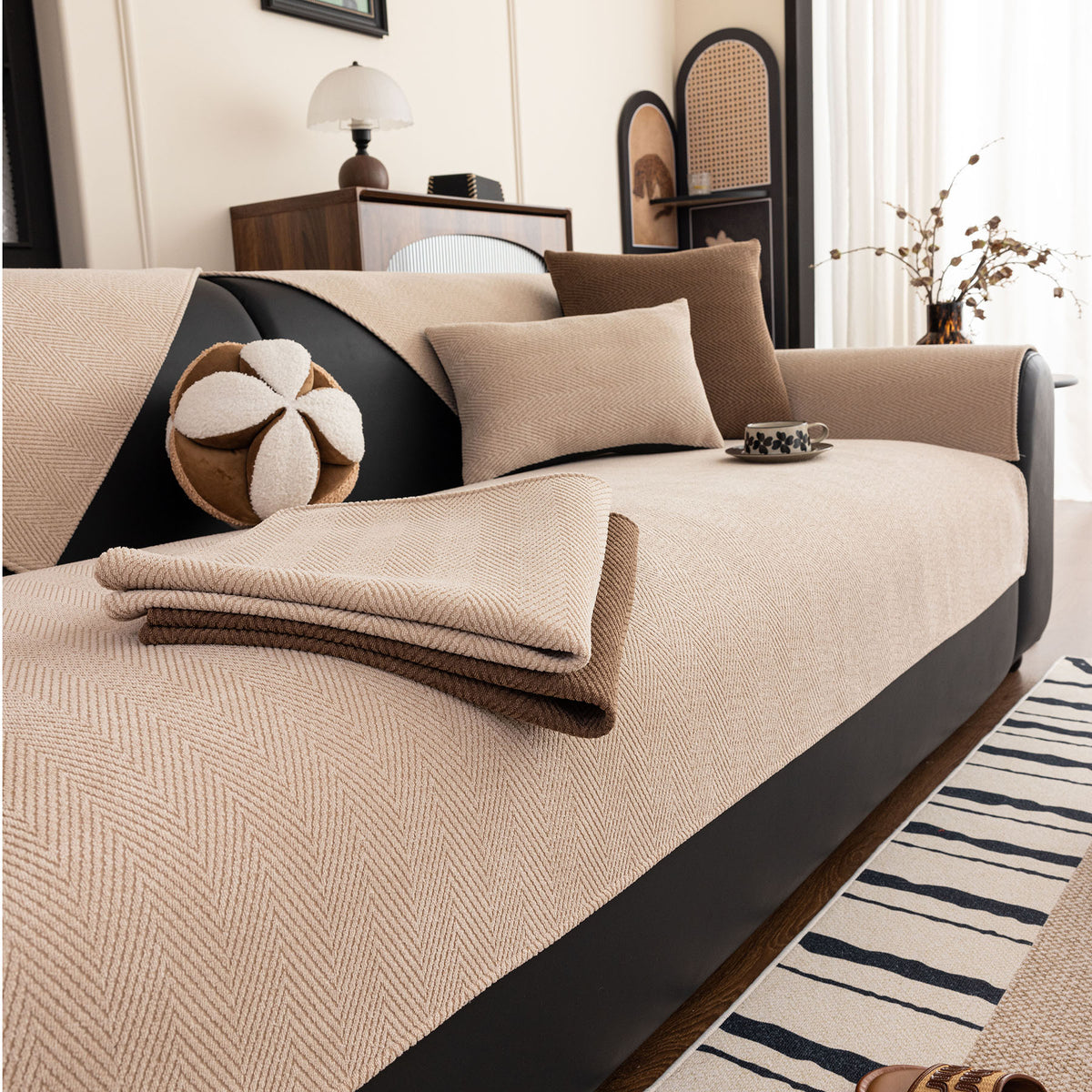 Chenille Textured Herringbone Sofa Cover, Non-Slip Couch Protector for Pets & Kids