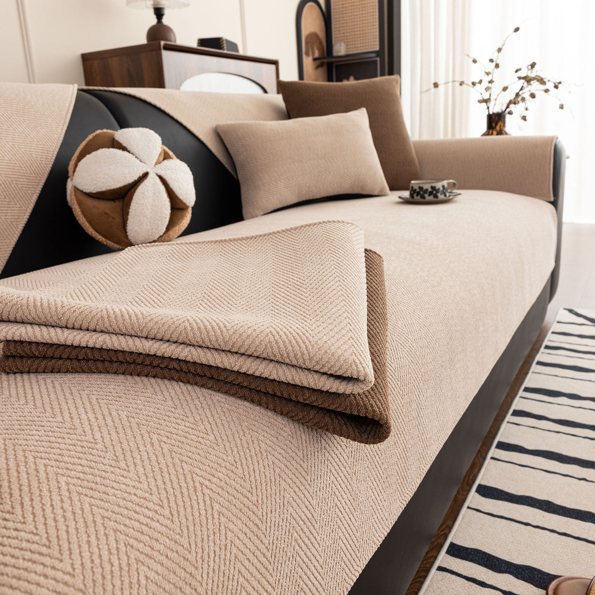 Chenille Textured Herringbone Sofa Cover, Non-Slip Couch Protector for Pets & Kids