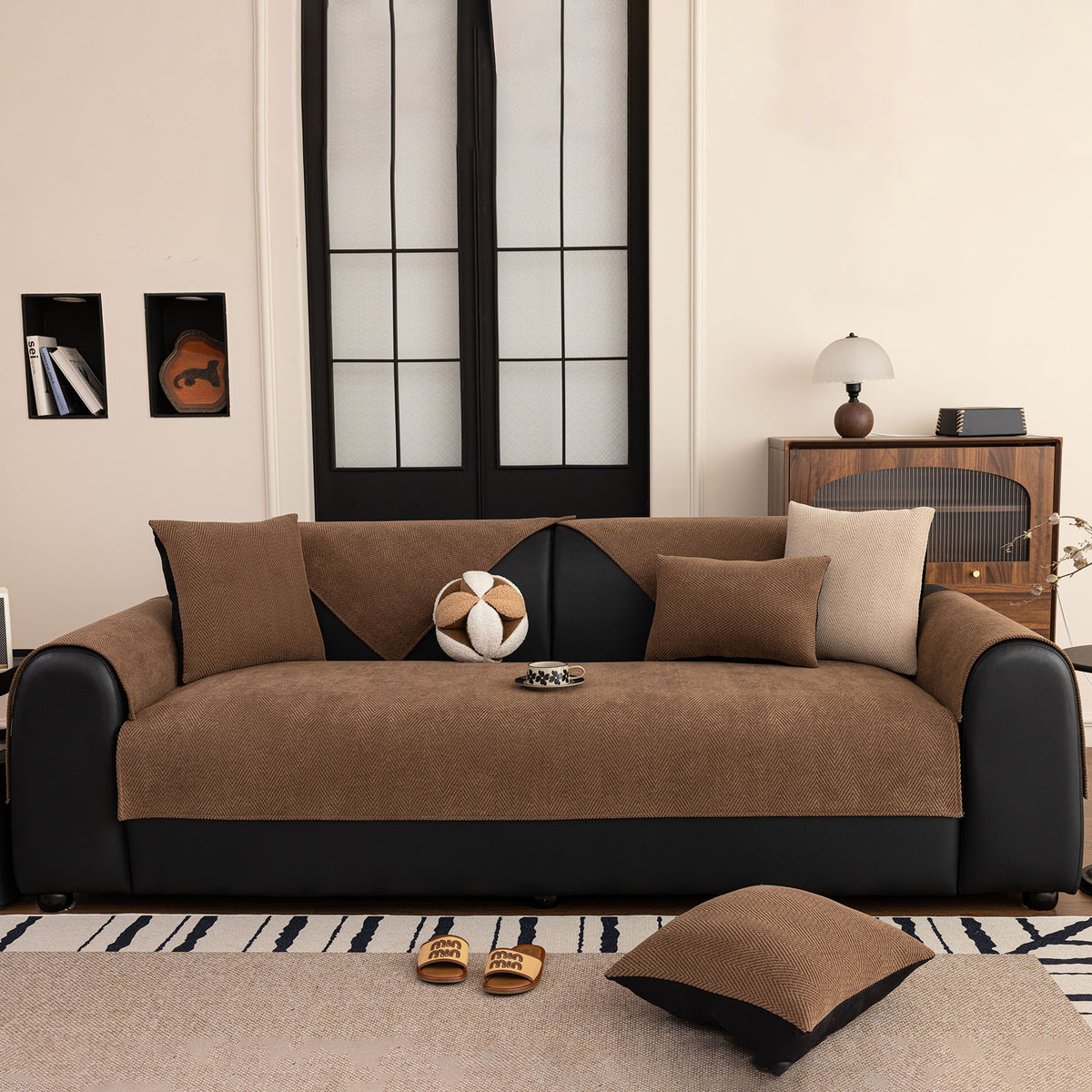 Chenille Textured Herringbone Sofa Cover, Non-Slip Couch Protector for Pets & Kids