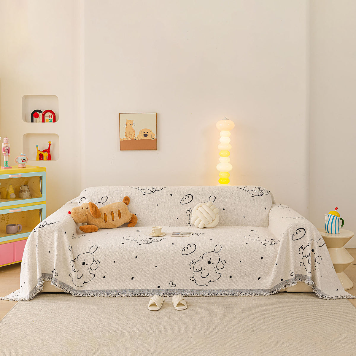 Cute Dog Pattern Plush Sofa Throw Cover, Soft Couch Protector Blanket with Fringe