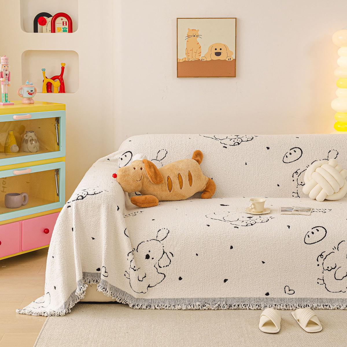 Cute Dog Pattern Plush Sofa Throw Cover, Soft Couch Protector Blanket with Fringe