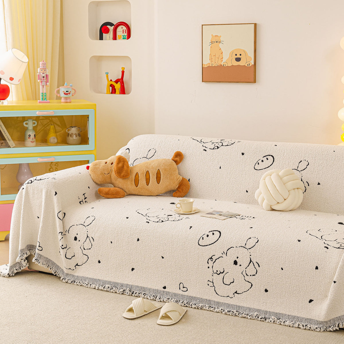 Cute Dog Pattern Plush Sofa Throw Cover, Soft Couch Protector Blanket with Fringe
