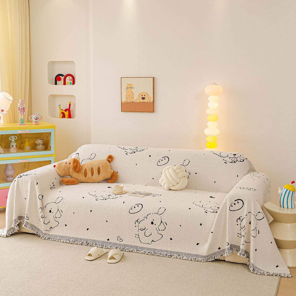 Cute Dog Pattern Plush Sofa Throw Cover, Soft Couch Protector Blanket with Fringe
