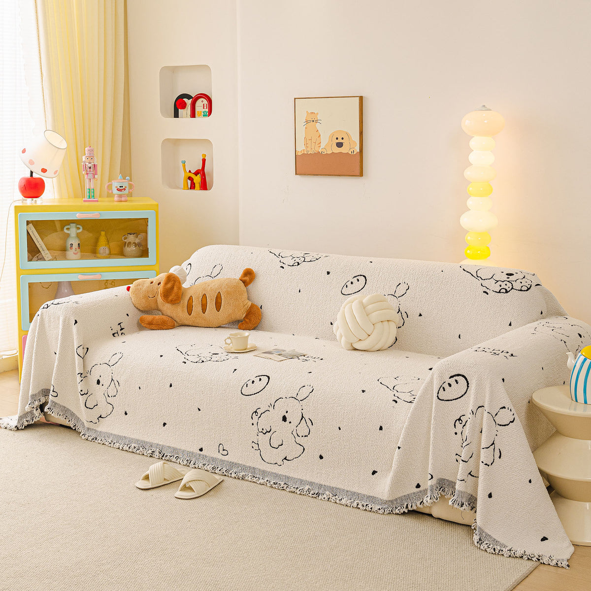 Cute Dog Pattern Plush Sofa Throw Cover, Soft Couch Protector Blanket with Fringe