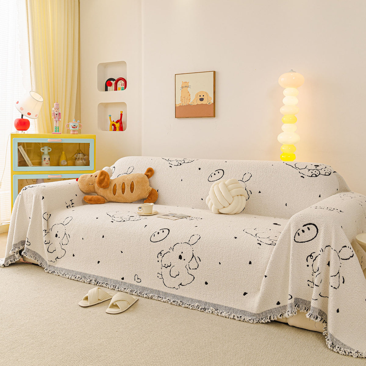Cute Dog Pattern Plush Sofa Throw Cover, Soft Couch Protector Blanket with Fringe