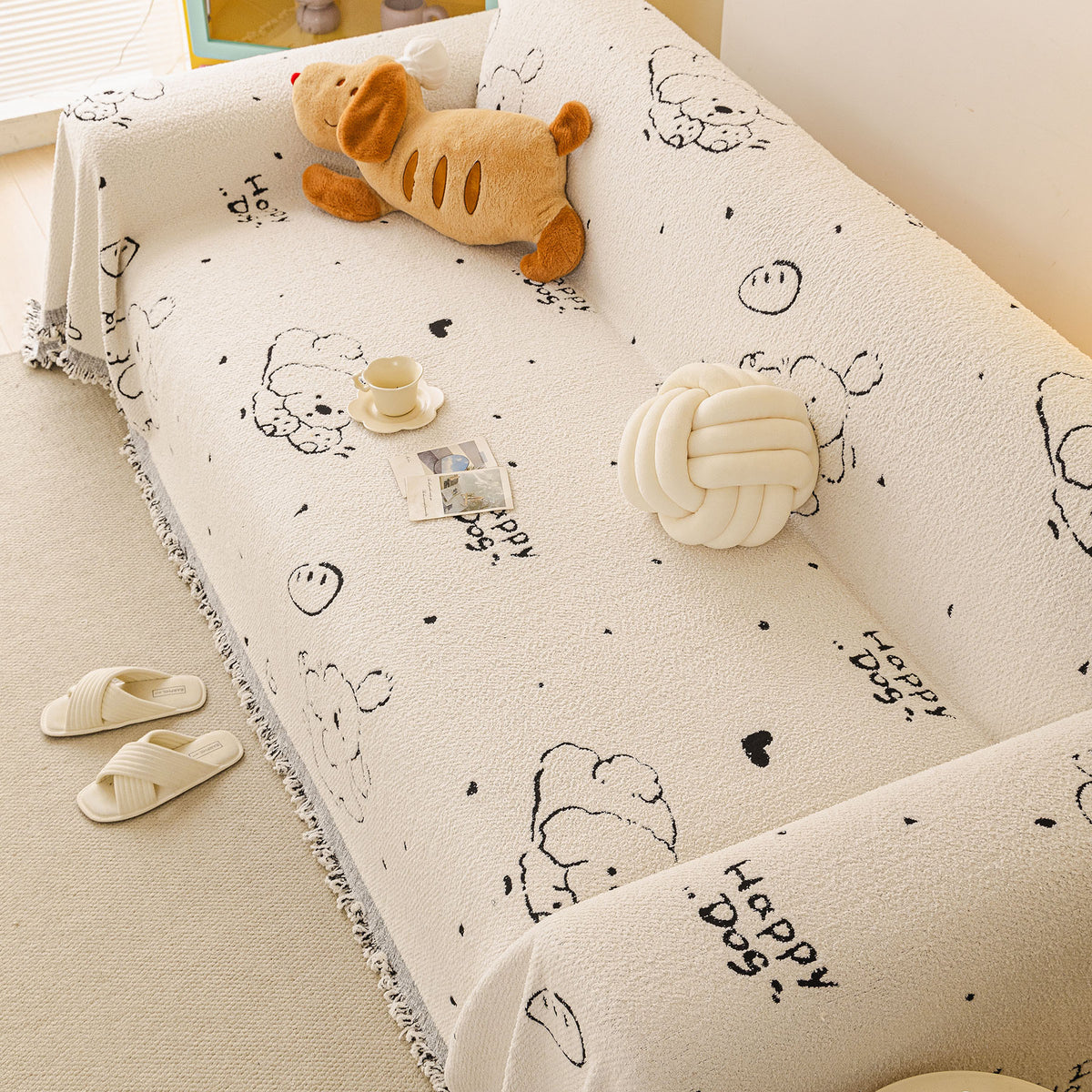 Cute Dog Pattern Plush Sofa Throw Cover, Soft Couch Protector Blanket with Fringe