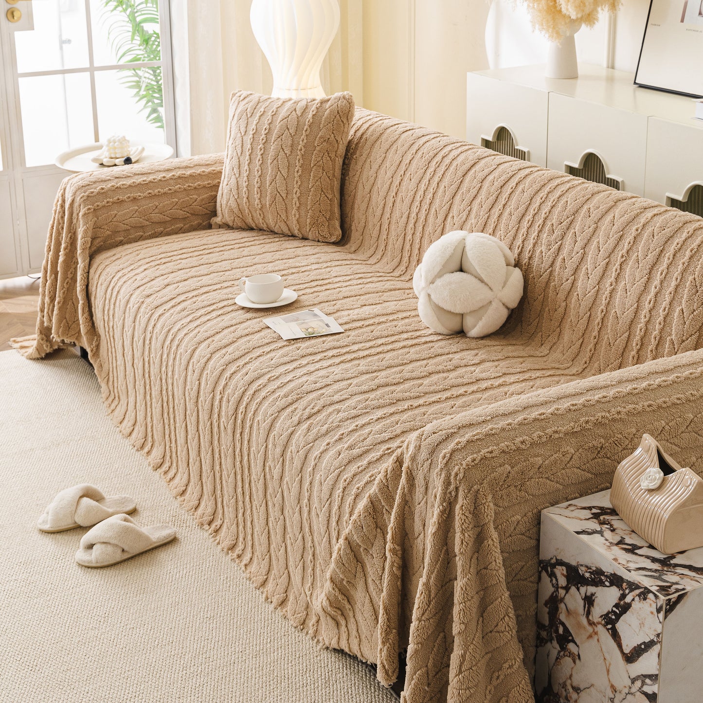 Thick Cozy 3D Cable Sofa Throw Cover, Plush Jacquard Warm Fleece Throw Blanket