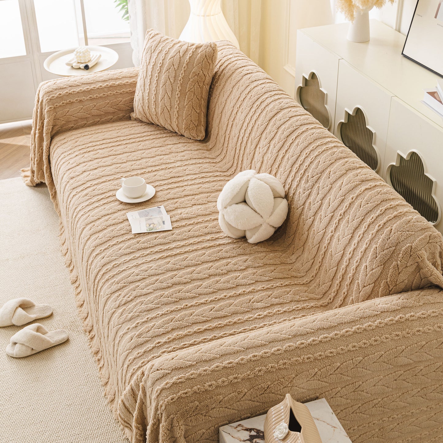 Thick Cozy 3D Cable Sofa Throw Cover, Plush Jacquard Warm Fleece Throw Blanket