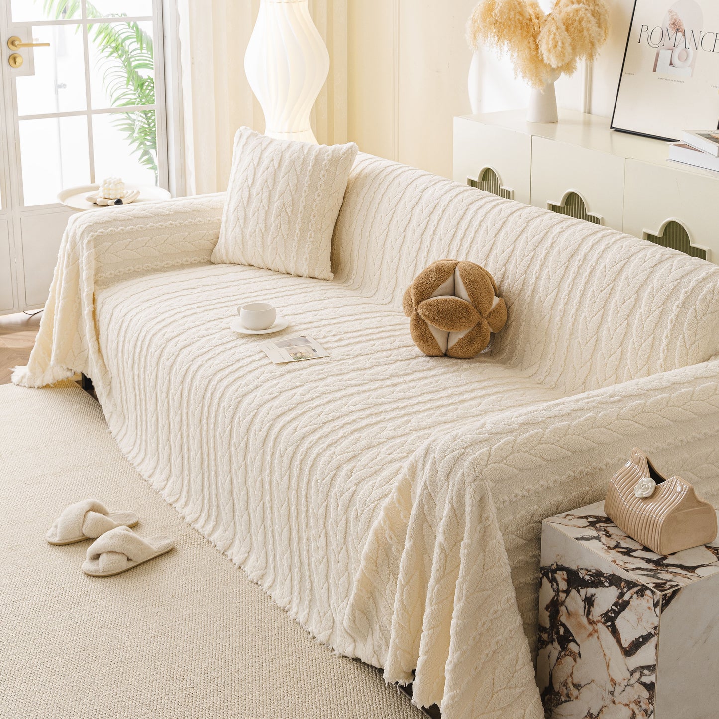 Thick Cozy 3D Cable Sofa Throw Cover, Plush Jacquard Warm Fleece Throw Blanket