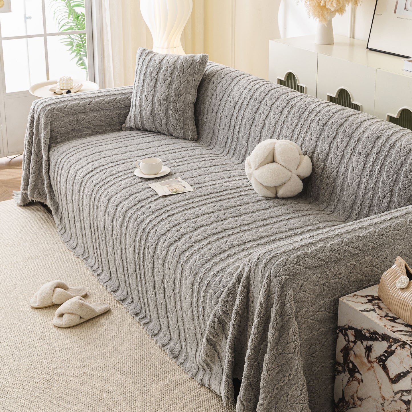 Thick Cozy 3D Cable Sofa Throw Cover, Plush Jacquard Warm Fleece Throw Blanket