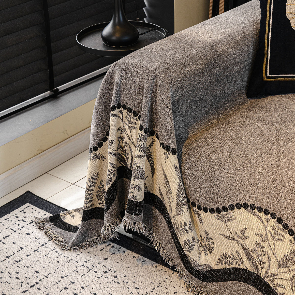 Botanical Chenille Sofa Throw Cover, Scalloped Border Couch Protector for Dogs, Kids