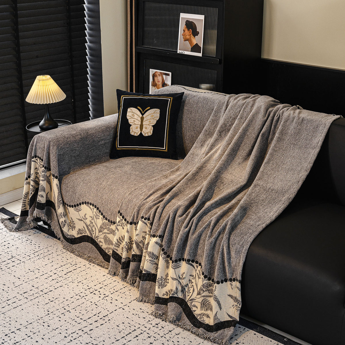Botanical Chenille Sofa Throw Cover, Scalloped Border Couch Protector for Dogs, Kids