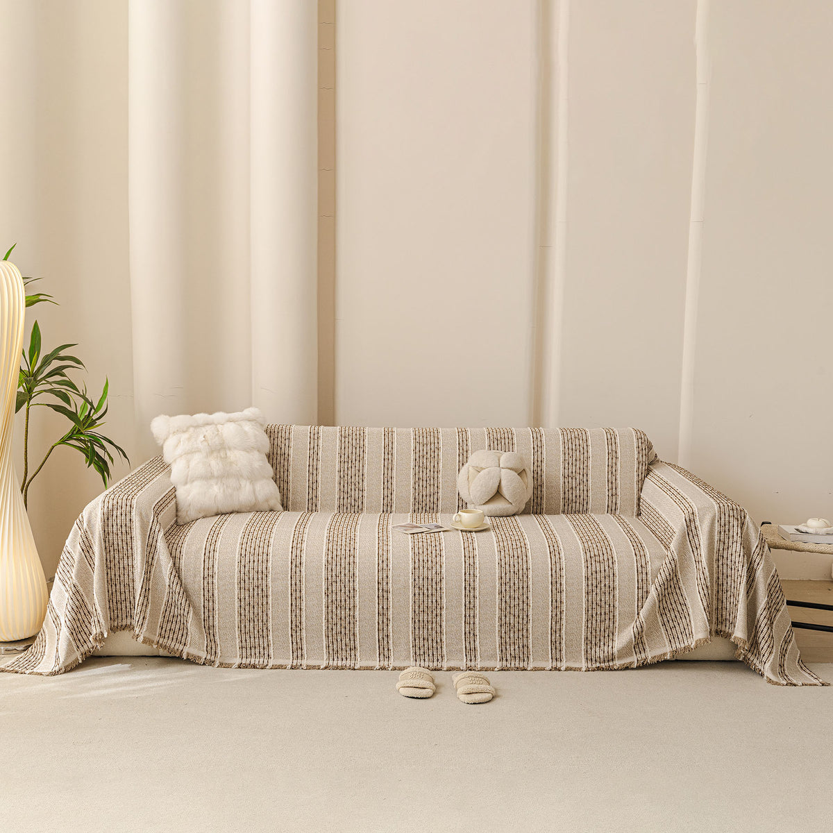 Textured Striped Sofa Throw Cover, Soft Woven Couch Protector with Fringe Edges