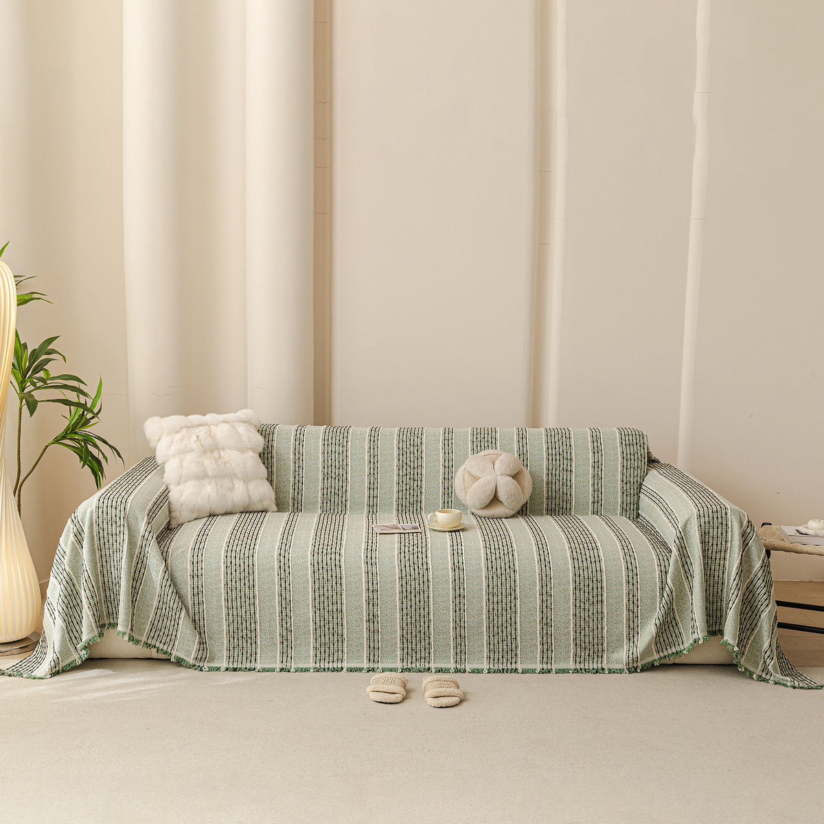 Textured Striped Sofa Throw Cover, Soft Woven Couch Protector with Fringe Edges