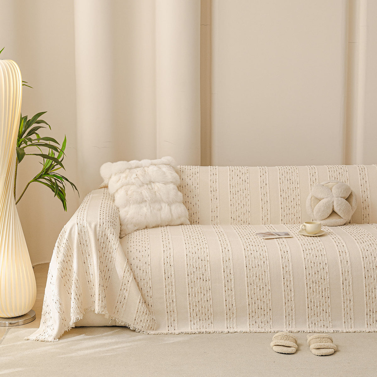 Textured Striped Sofa Throw Cover, Soft Woven Couch Protector with Fringe Edges