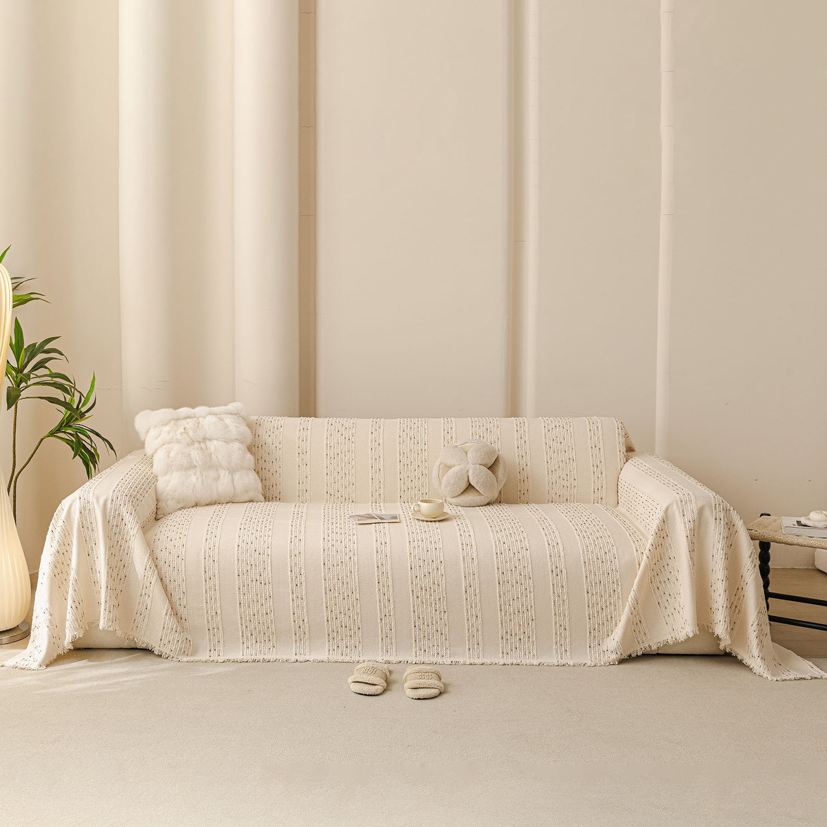 Textured Striped Sofa Throw Cover, Soft Woven Couch Protector with Fringe Edges