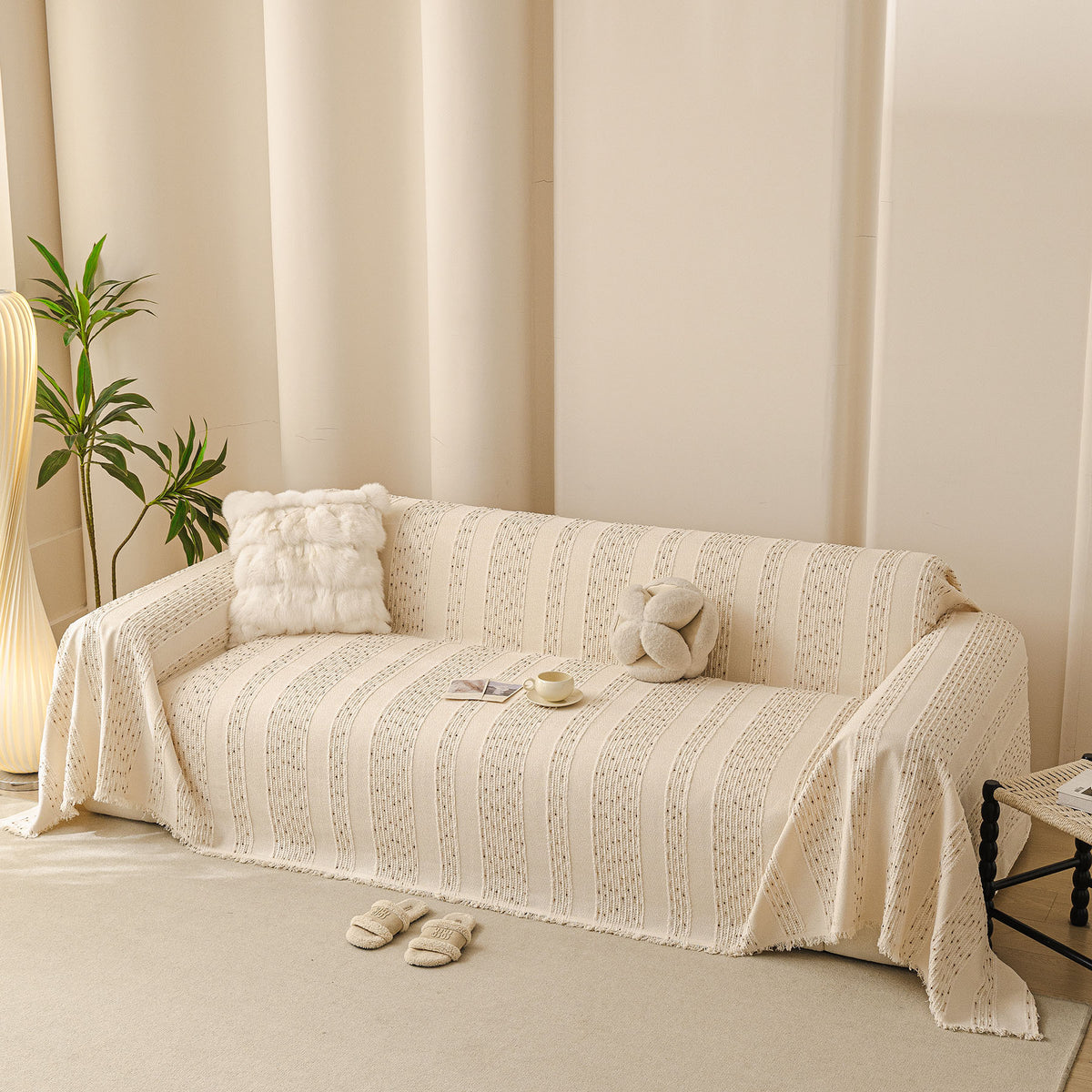 Textured Striped Sofa Throw Cover, Soft Woven Couch Protector with Fringe Edges