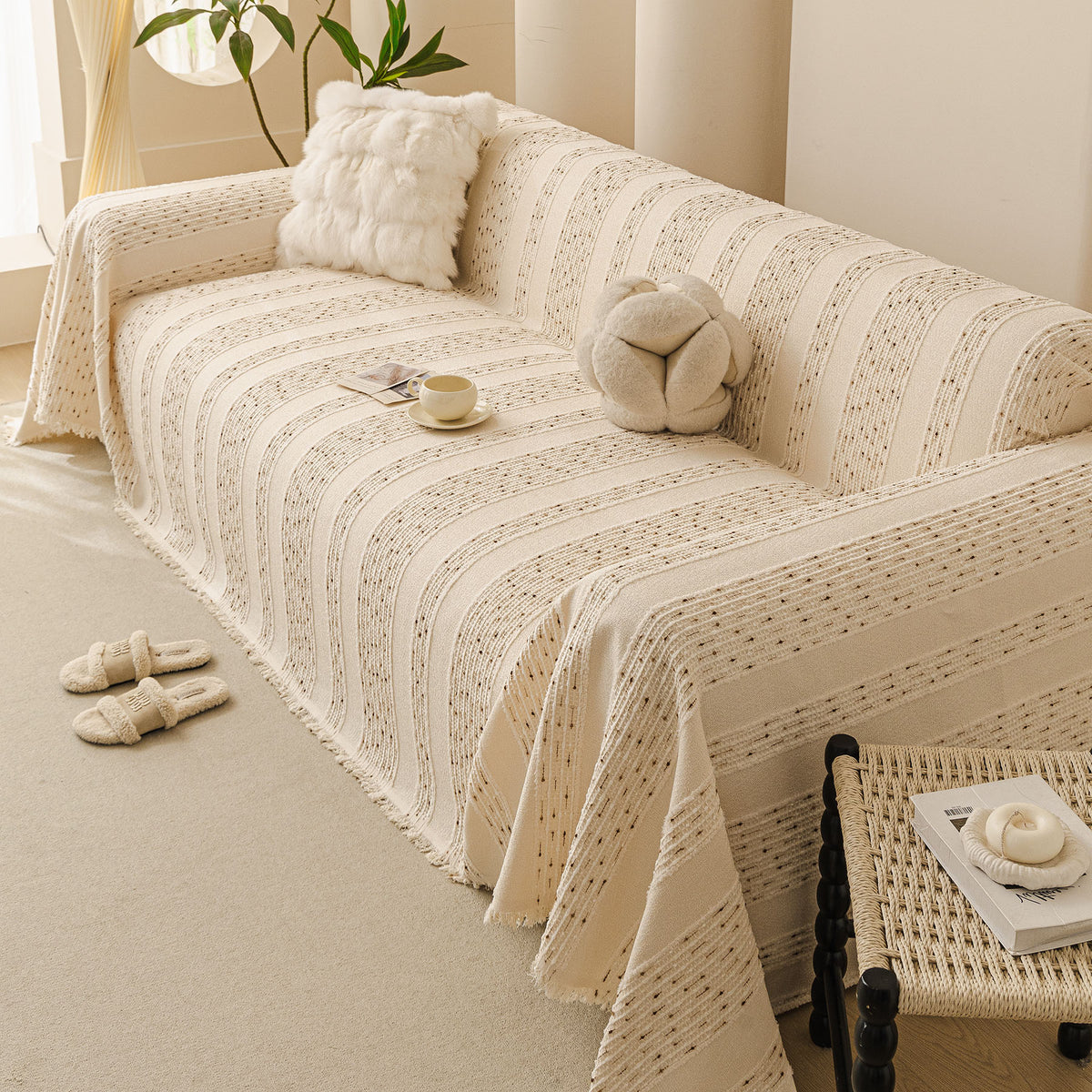 Textured Striped Sofa Throw Cover, Soft Woven Couch Protector with Fringe Edges