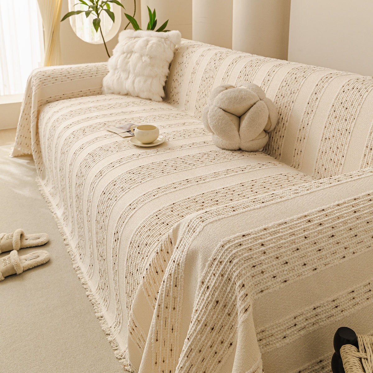 Textured Striped Sofa Throw Cover, Soft Woven Couch Protector with Fringe Edges