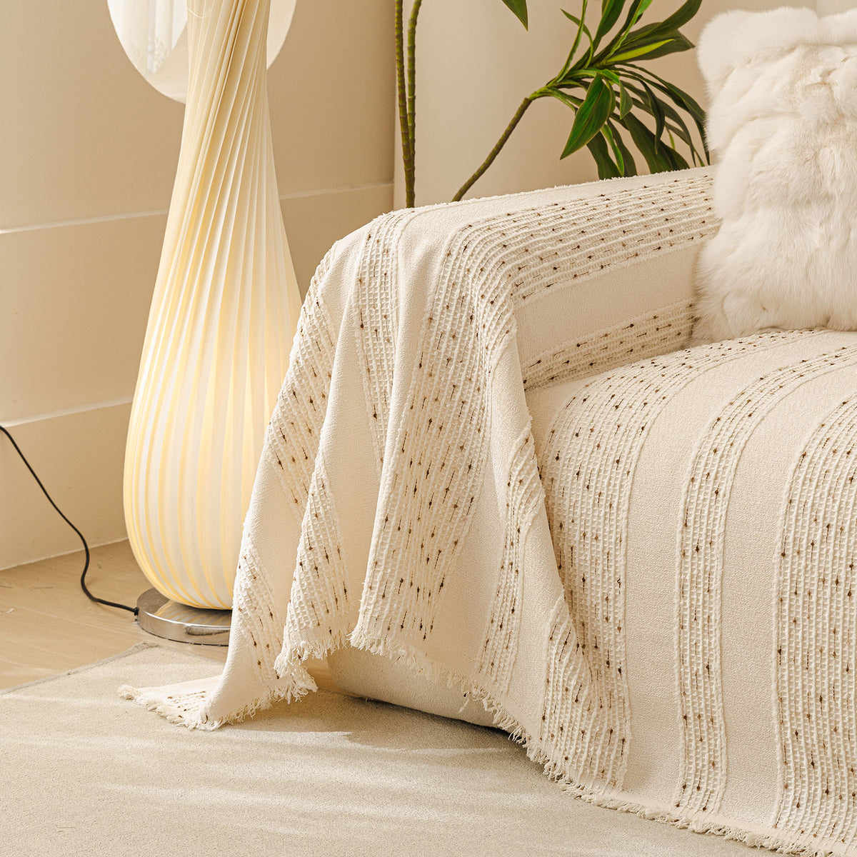 Textured Striped Sofa Throw Cover, Soft Woven Couch Protector with Fringe Edges