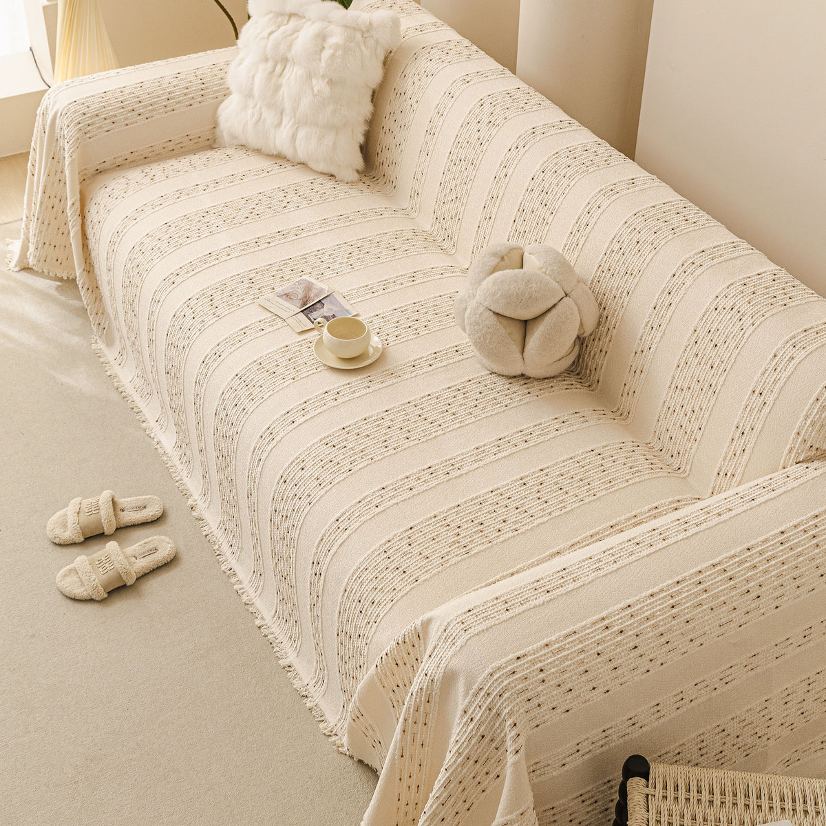 Textured Striped Sofa Throw Cover, Soft Woven Couch Protector with Fringe Edges