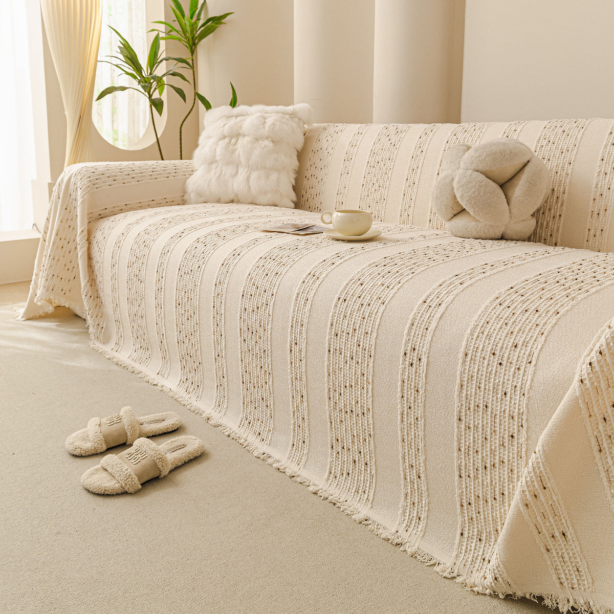 Textured Striped Sofa Throw Cover, Soft Woven Couch Protector with Fringe Edges