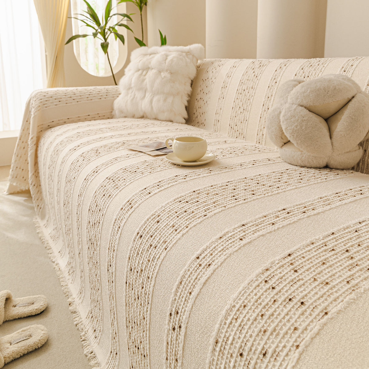 Textured Striped Sofa Throw Cover, Soft Woven Couch Protector with Fringe Edges