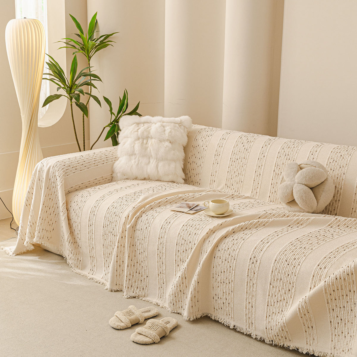 Textured Striped Sofa Throw Cover, Soft Woven Couch Protector with Fringe Edges