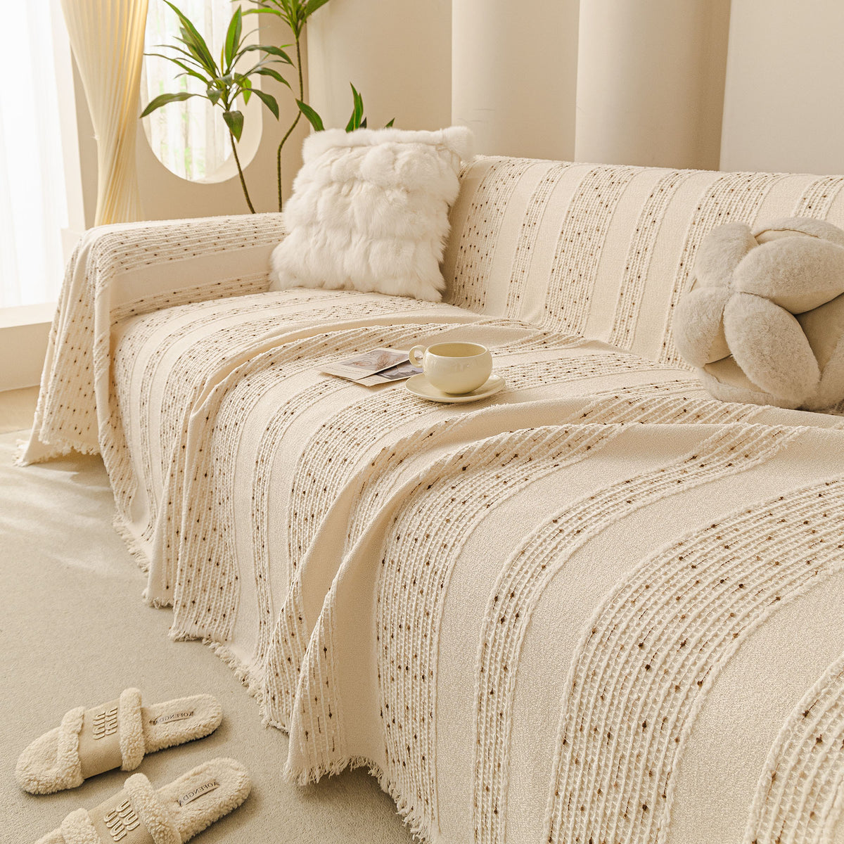 Textured Striped Sofa Throw Cover, Soft Woven Couch Protector with Fringe Edges