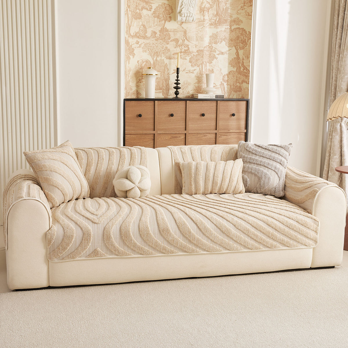 Cozy Plush Sofa Topper with Raised Wave Texture, Non-Slip Furniture Protector Cover