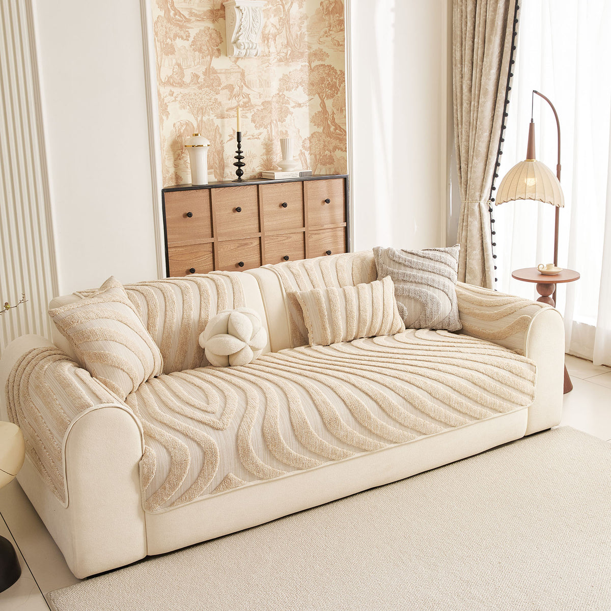 Cozy Plush Sofa Topper with Raised Wave Texture, Non-Slip Furniture Protector Cover