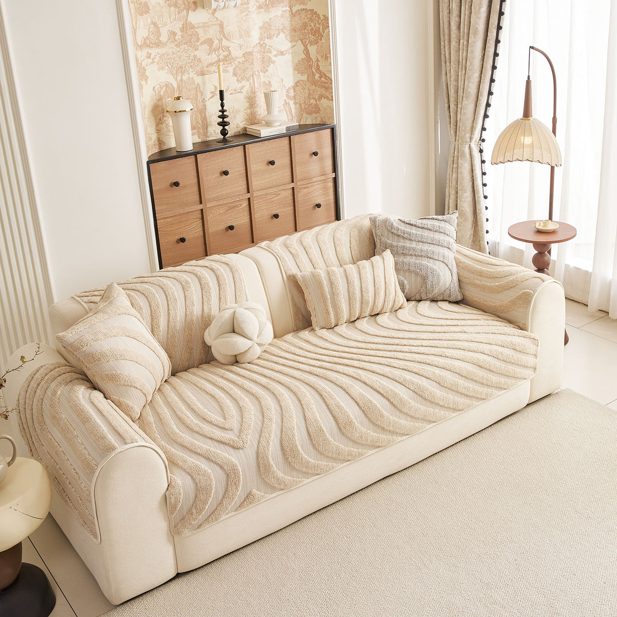 Cozy Plush Sofa Topper with Raised Wave Texture, Non-Slip Furniture Protector Cover