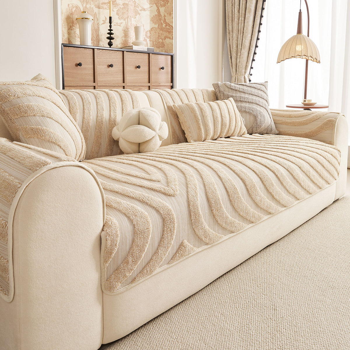 Cozy Plush Sofa Topper with Raised Wave Texture, Non-Slip Furniture Protector Cover