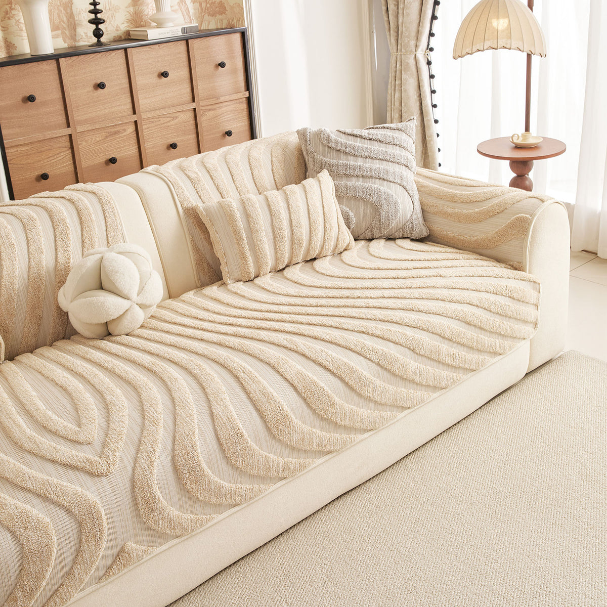 Cozy Plush Sofa Topper with Raised Wave Texture, Non-Slip Furniture Protector Cover
