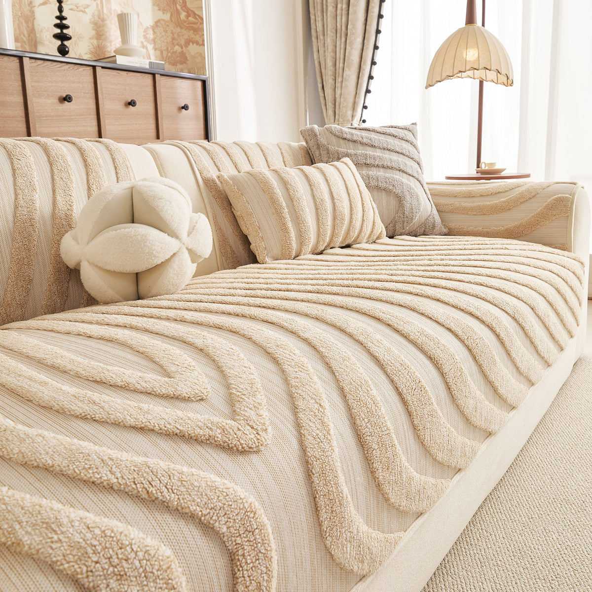 Cozy Plush Sofa Topper with Raised Wave Texture, Non-Slip Furniture Protector Cover